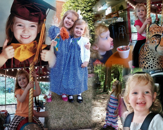 Eine Collage mit Vergnügungspark-Fahrgeschäften, einem Tisch mit Speisen, darunter ein Becher und ein Löffel, verschiedenen Gegenständen, Lichtern, einer Wand, Büschen, Bäumen, Gras, einem Seil und einem Hut.