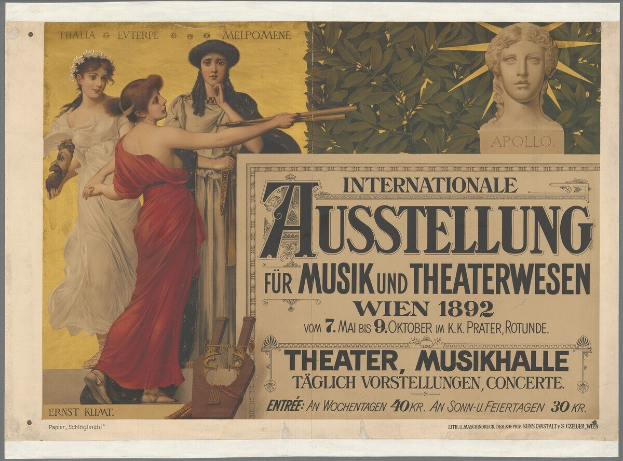 Plakat für die Internationale Ausstellung für Musik und Theaterwesen in Wien, Österreich, das eine Gruppe von Menschen in einem Kreis mit einer Frau, die ein Musikinstrument hält, in der Mitte zeigt und Text, der Eventdetails bereitstellt.