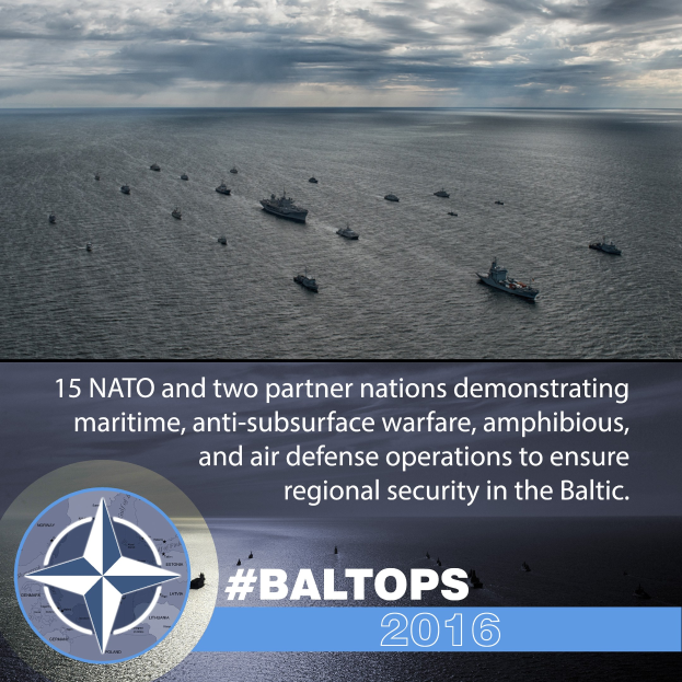 Gruppe von Schiffen auf dem Wasser mit bewölktem Himmel, mit Text und Logo über NATO-Maritime-Operationen in der Ostsee.