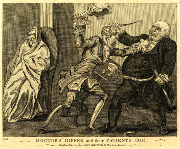 Plakat mit zwei Figuren, einer sitzend und einer stehend mit einem Gegenstand, begleitet von dem Text "Ärzte unterscheiden sich und ihre Patienten sterben" unten.