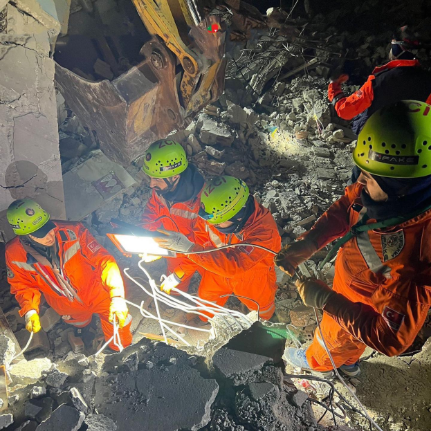 Eine Gruppe von Menschen in orangefarbenen Uniformen und grünen Helmen bei der Arbeit auf Schutt mit einem Kran im Hintergrund, die Rettungsgeräte und Materialien halten.