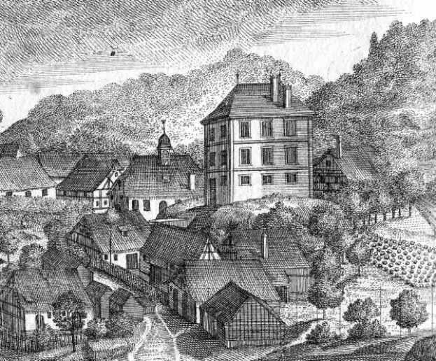 Eine Schwarz-Weiß-Zeichnung einer kleinen Stadt in Bayern im 19. Jahrhundert, die eine zentrale Kirche zeigt, umgeben von Häusern, Bäumen und einem Himmel im Hintergrund, mit Text unten, der lautet: "Bayern im 19. Jahrhundert".