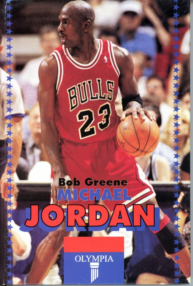 Ein Plakat von Michael Jordan mit einem Basketball in der Hand und ein paar Leuten im Hintergrund aus der 1992-93 OLYMPIA Basketball Hobby Box.