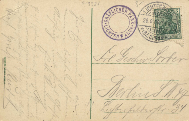 Alte Postkarte mit einer Briefmarke, die 'Lichtenwald, Deutschland - Brief nach Deutschland' lautet, mit handgeschriebenem Text und zwei zusätzlichen Briefmarken in der oberen rechten Ecke.