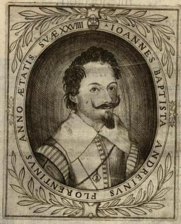 Ein Gravur eines bärtigen Mannes mit Schnurrbart, identifiziert als Andrea Florentinus, der ein Papier mit Text hält.