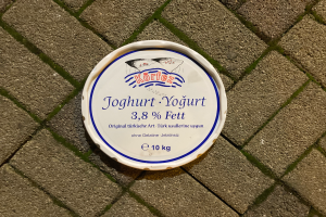 Ein Teller Joghurt mit Text darauf, der auf einem Ziegelweg steht.