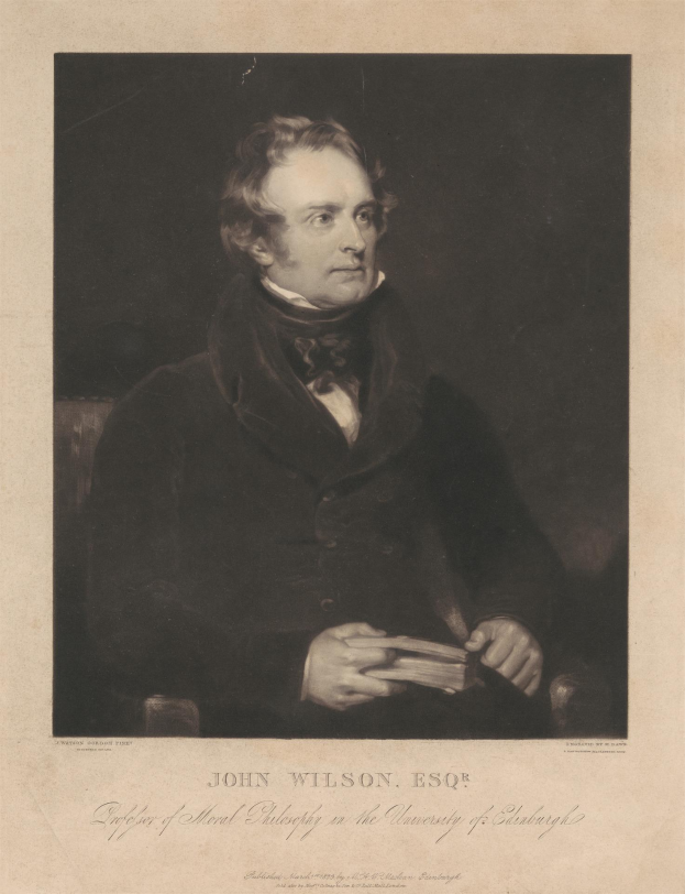 Porträt von John Wilson Esqr., dem Begründer der Moralphilosophie an der Universität Edinburgh, der in einem Stuhl sitzend ein Buch hält, mit Text unten.