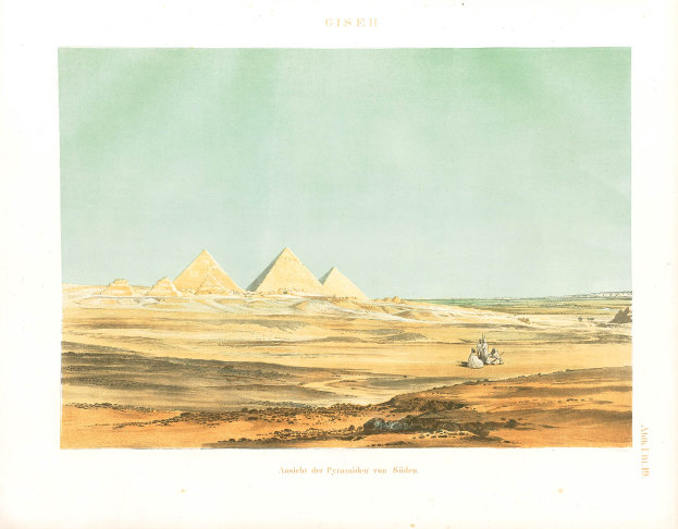 Die großen Pyramiden von Giza in Ägypten, umgeben von Sand und einem klaren blauen Himmel, mit Text am unteren Bildrand.