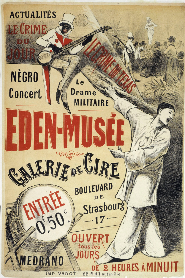 Plakat für das Eden-Musee Galerie de Cire in Straßburg, Frankreich, das eine Person zeigt, die ein Musikinstrument spielt und von anderen Musikern umgeben ist, die verschiedene Instrumente spielen, mit Text, der Informationen zum Event enthält.