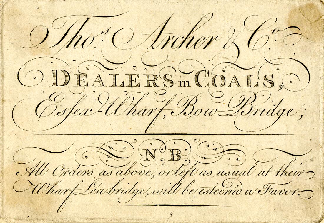 Ein Blatt Papier mit der Aufschrift "The Archer & Co Dealers in Coals, Essex Wharf, Bow Bridge".