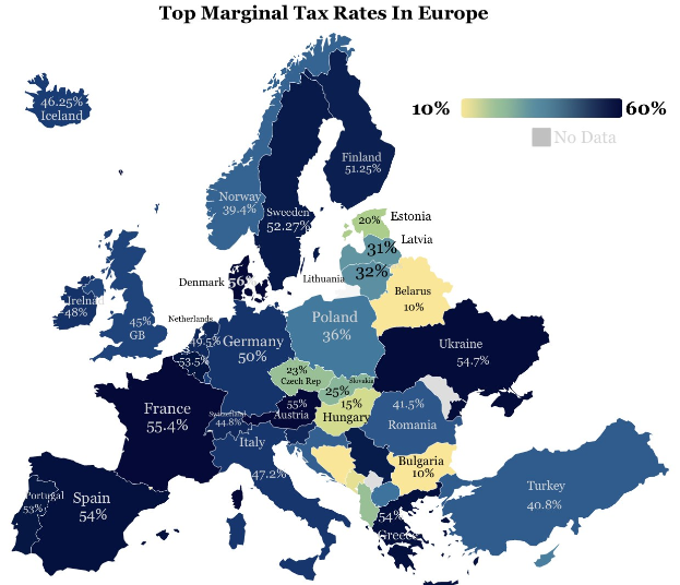 Eine Europakarte mit Farben, die die höchsten Grenzsteuersätze pro Land anzeigen, mit der Überschrift "Höchste Grenzsteuersätze in Europa".