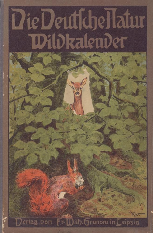Titelbild des "Deutschen Hatur Wildkalenders" mit einer Illustration eines Rehs und eines Eichhörnchens in einem waldreichen Gebiet.