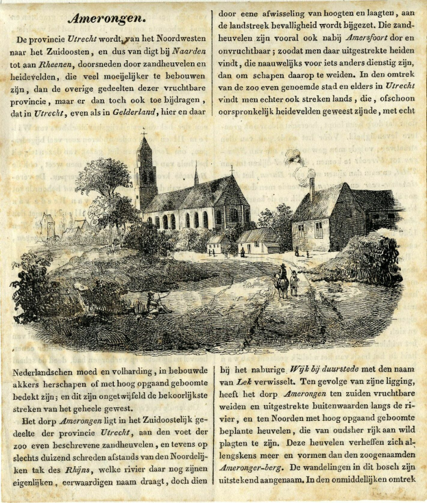 Ein altes Buchcover mit einer Dorfillustration, das Häuser, Bäume und Menschen zeigt, begleitet von gedrucktem Text.