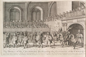 Eine Zeichnung einer Gruppe von Menschen, einige zu Pferde, vor einer Menge und einem Gebäude, mit Text darunter, der "Die Art und Weise, wie die Champions die Herausforderung durchführen" lautet.