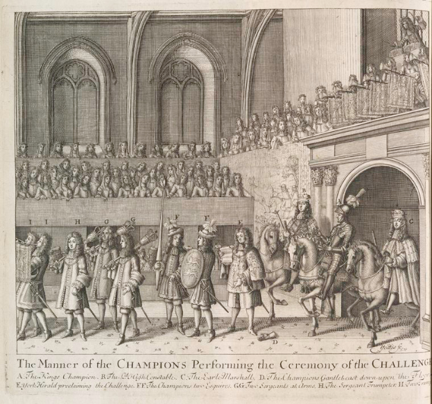 Eine Zeichnung einer Gruppe von Menschen, einige zu Pferde, vor einer Menge und einem Gebäude, mit Text darunter, der "Die Art und Weise, wie die Champions die Herausforderung durchführen" lautet.