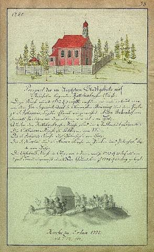 Ein altes Buch mit einer Zeichnung eines roten Hauses, umgeben von Bäumen und einem Zaun, betitelt mit "Deutsche Schule in den Niederlanden, 1777".