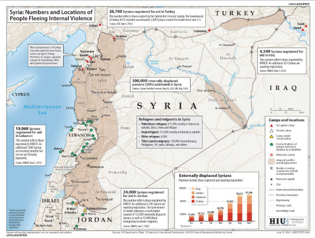Plakat mit einer Karte von Syrien und Daten zu Binnenflüchtlingen aufgrund von Gewalt, begleitet von erklärendem Text und Grafiken.
