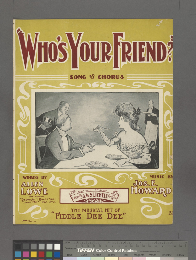 Plakat mit fetter schwarzer Schrift "Who's Your Friend? Song & Chorus" auf einem weißen Hintergrund, das eine farbenfrohe Illustration einer Gruppe von Menschen zeigt, darunter einen Mann in einem blauen Anzug und eine Frau in einem pinken Kleid mit Schürze, die in einem Kreis mit ausgestreckten Armen stehen, eingerahmt von einem hellgelben Rand.