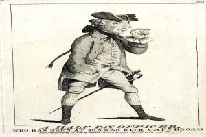 Ein halbes Gehaltsoffizier steht auf einem Papier mit Wörtern und Zahlen, hält eine Zigarette in einer Hand und einen Stock in der anderen, trägt eine Mütze.