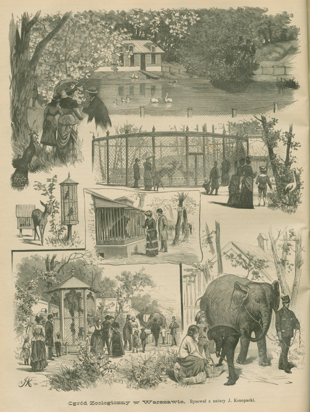 Illustration eines alten Buches mit einer Zoo-Szene mit Menschen, Tieren, Bäumen, Häusern, einem Zaun und Text unten.