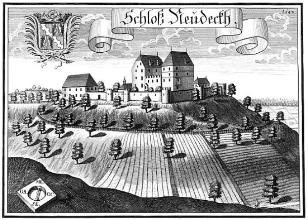 Eine Schwarz-Weiß-Radierung eines Schlosses in einem Feld, umgeben von Bäumen und Pflanzen, mit dem Text "Schlof Steideeth, Deutschland" oben.
