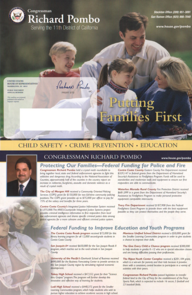 Ein Prospekt mit verschiedenen Fotos, Texten, einem Logo, einer Unterschrift und Zahlen.