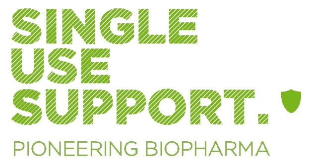 Weißer Hintergrund mit fettgrüner Schrift, die "single use support pioneering biopharma" lautet.