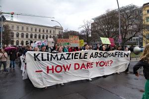 Eine Gruppe von Menschen marschiert mit einem Banner, auf dem "Klimaziele Abschaffen - Wie wagst du es?" steht, eine Straße entlang. Einige halten Schirme und einer verwendet ein Megafon, vor dem Hintergrund von Laternenmasten, Schildern, Bäumen, Gebäuden mit Fenstern, einem Kran und einem klaren blauen Himmel.