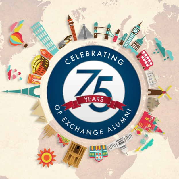 Plakat zum 75-jährigen Jubiläum von Exchange Alumni mit blau-weißem Logo und farbigem Globus-Illustration