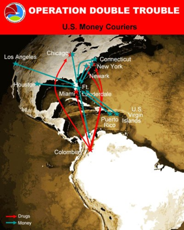 Plakat mit der Überschrift "Operation Double Trouble: US-Geldkurier" mit einer Karte der USA, die in zwei Abschnitte unterteilt ist: einer zeigt die Routen der Geldkurier und der andere zeigt die Standorte der Geldtransporteure.
