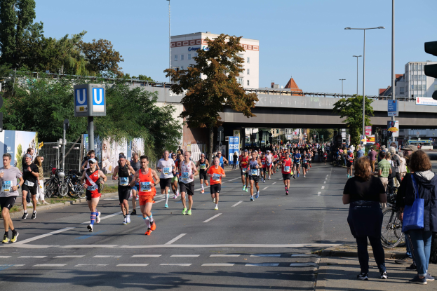 Gruppe von Läufern bei einem Marathon auf einer baumbewachsenen Straße unter einem klaren blauen Himmel.