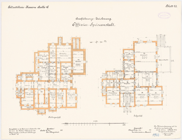 Schwarz-weißer architektonischer Grundriss eines Gebäudes mit zahlreichen beschrifteten Räumen, einschließlich des Büros des deutschen Finanzministers, mit handschriftlichen Anmerkungen.