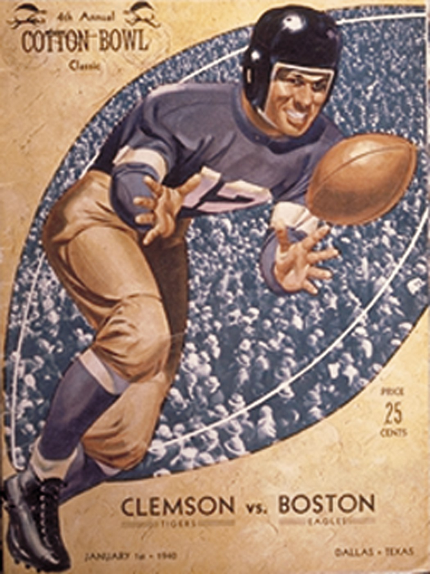 Ein Plakat eines Football-Spielers in einem Helm, der einen Football hält, mit der Aufschrift "Cotton Bowl Cleveland vs Boston" oben und einem entschlossenen Gesichtsausdruck.