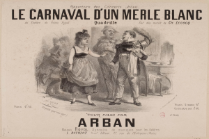 Ein Blatt mit einer Zeichnung eines Mannes und einer Frau in traditioneller Kleidung vor einem Fasching, mit der Aufschrift "le carnaval d'un merle blanc".