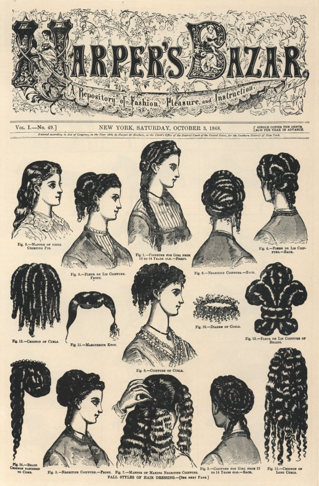 Schwarz-weiß-Bilder von Frauen mit verschiedenen Frisuren aus Harper's Bazaar, begleitet von Text auf altem Papier.