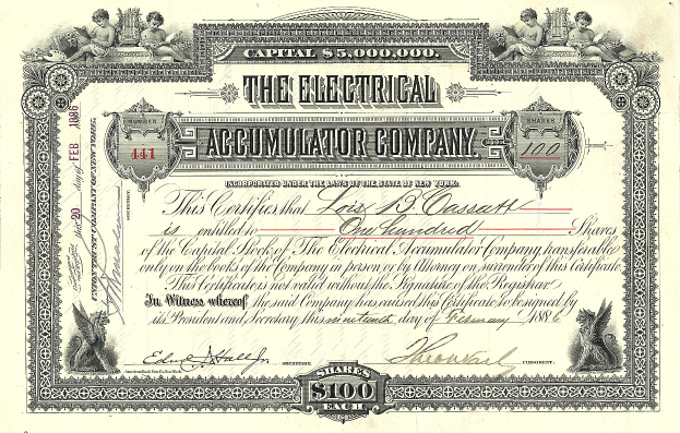 Ein Aktienzertifikat einer Elektroakkumulatorfirma mit detaillierten Designs, das den Text "The Electrical Accumulator Company" enthält.