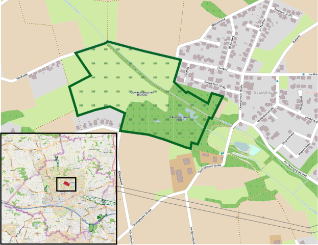 Ein detaillierter Stadtplan von Gewinghausen, Deutschland, der einen grünen Bereich hervorhebt, der den vorgeschlagenen Standort angibt, mit Straßen, Gebäuden und Sehenswürdigkeiten.