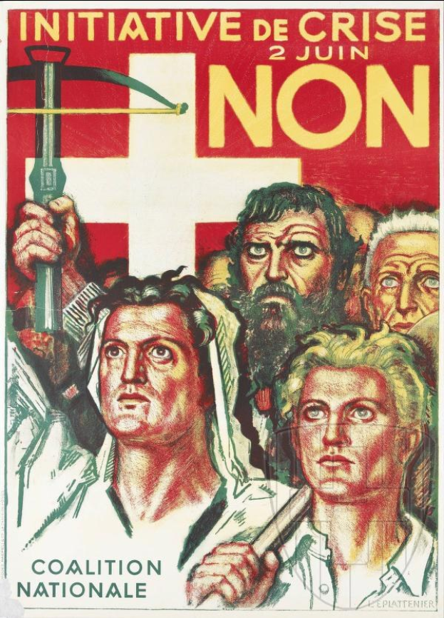 Plakat der Coalition Nationale, einer Kriseninitiative, mit einer Gruppe von Menschen, die einen Hammer und eine Sichel halten, und Text, der Informationen über die Organisation enthält.