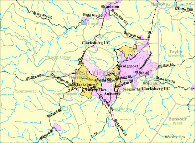 Eine Karte von Clarksburg, Virginia, mit farbcodierten Bereichen und beschrifteten Straßen, Parks und Sehenswürdigkeiten.
