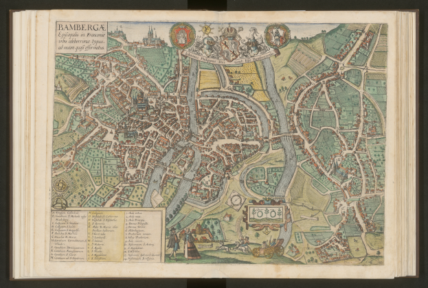 Ein altes Buch mit einer detaillierten Karte von Bamberg, Deutschland, mit Straßen, Gebäuden und Sehenswürdigkeiten beschriftet.