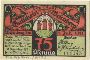 Eine alte deutsche Banknote mit einer Gebäudeabbildung, dem Text "Bundesliga" und einem Logo unten auf einem weißen Hintergrund.