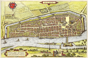 Ein detailliertes Stadtplan-Poster von Bremen, Deutschland, das Straßen, Gebäude, Sehenswürdigkeiten und Textinformationen zeigt.