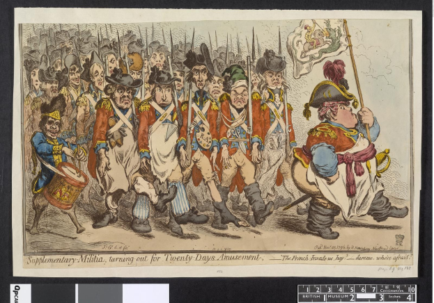 Gruppe von Männern in Militäruniformen, die eine Straße entlangmarschieren, einer hält einen Stock in der Hand, mit Text unten: "Zusätzliche Miliz, zum 20-tägigen Vergnügen antretend."