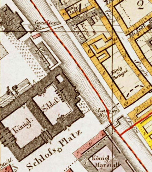 Ein detaillierter alter Stadtplan von Schlossplatz, der Straßen, Gebäude, Landmarken und Text mit Zahlen zur Gebäudebeschriftung zeigt.