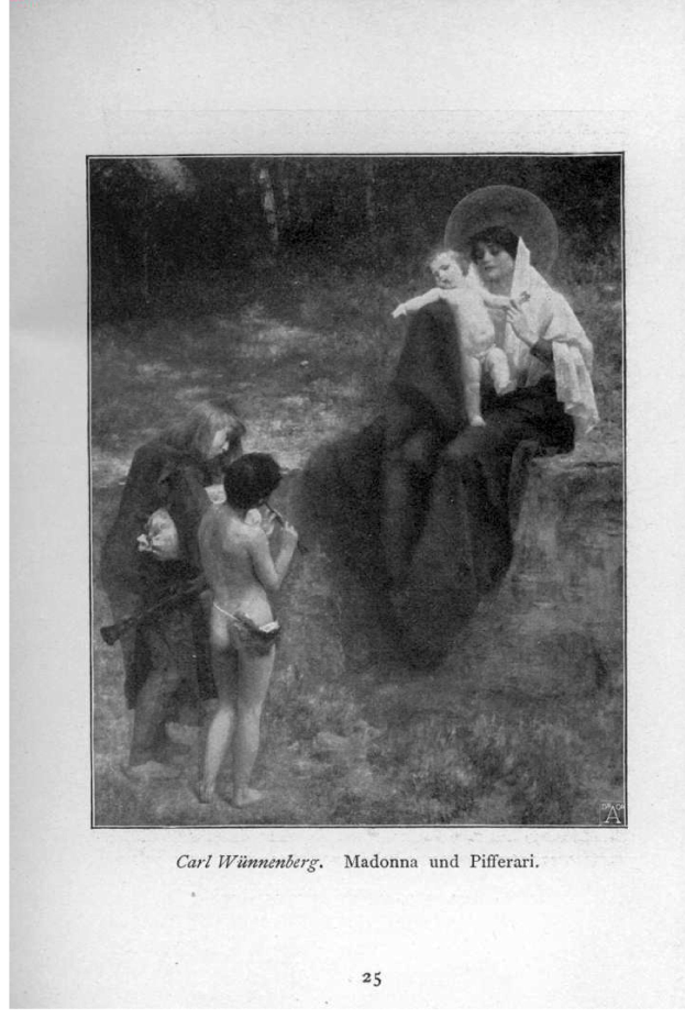 Ein Schwarz-Wei├č-Foto einer Frau, die auf einem Felsen sitzt und ein Baby h├Ąlt, mit zwei Kindern davor; der Text 'Madonna und Pifferari' ist unten angezeigt.
