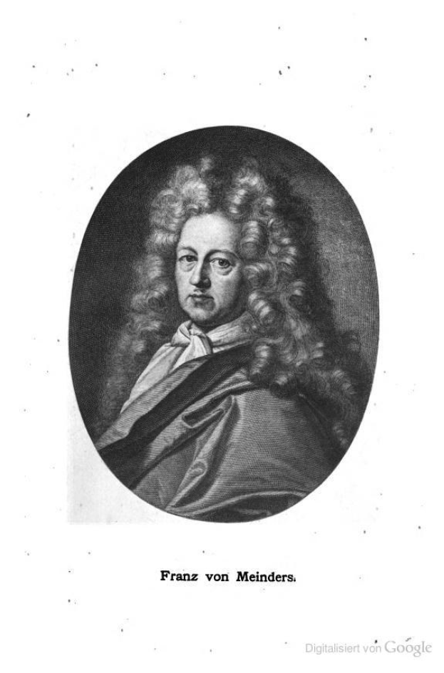 Schwarzes und weißes Portr├Ąt von Franz von Meinders, einem deutschen Komponisten mit langen Locken, und deutschem Text unten.