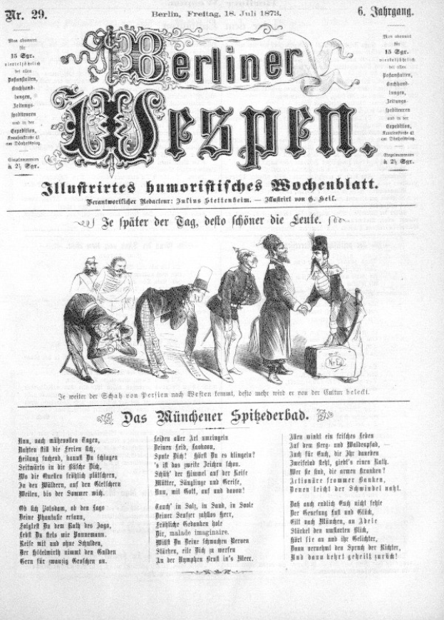 Alte Zeitung mit der Überschrift "Berliner Wespen" vom Juli 1873, die eine Karikatur eines verzweifelten Mannes mit Zylinder und einer Frau in einem Kleid zeigt.