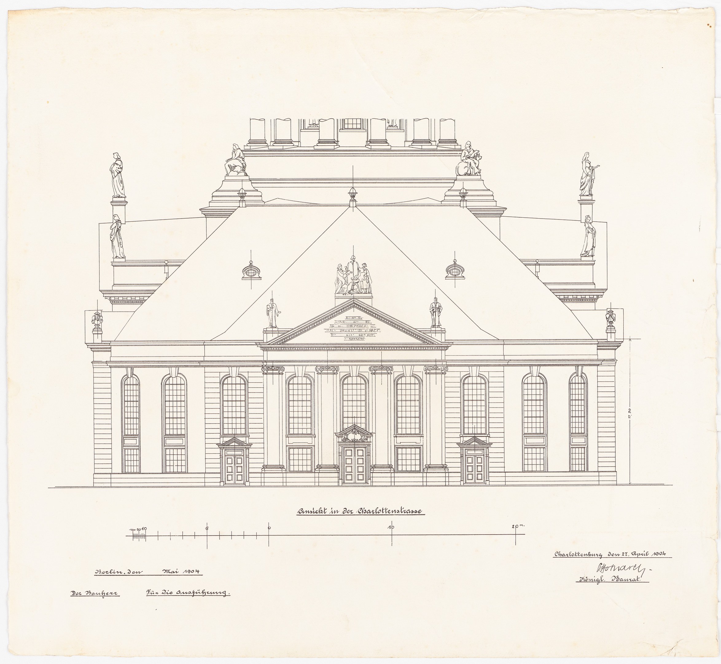 Ein detailliertes Zeichnung des Schlosshof-Fassaden in Dresden, Deutschland, mit zahlreichen Fenstern und Statuen, gezeichnet auf Papier mit begleitendem Text.