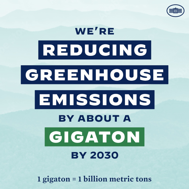 Plakat mit Text und Logo, auf dem "Wir reduzieren die Treibhausgasemissionen um etwa eine Gigatonne bis 2030", für die Reduzierung der Treibhausgasemissionen bis 2030 wirbt.