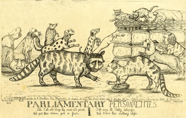 Ein Blatt mit einer Zeichnung von Katzen und Hunden, beschriftet mit "Parlamentarische Persönlichkeiten" unten.